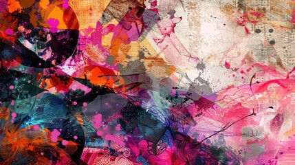 Fototapeta premium Abstract Background, a harmonious collage of mixed media with contrast and pop colors, with intricate patterns and dynamic textures in striking shades
