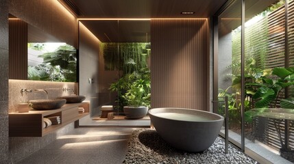Zen-inspired bathroom with natural stone and greenery