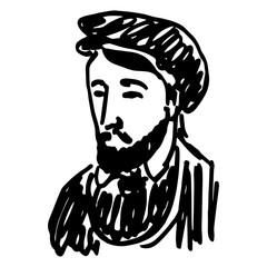 Portrait of a handsome bearded medieval or renaissance man wearing beret. Hand drawn linear doodle rough sketch. Black and white silhouette.