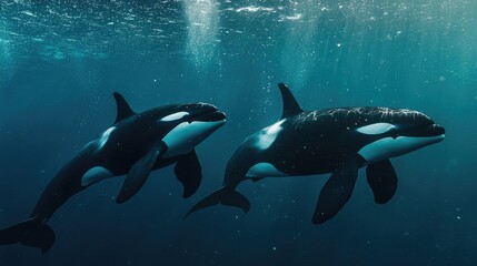 Obraz premium Two Orcas Swimming Underwater in a Blue Ocean