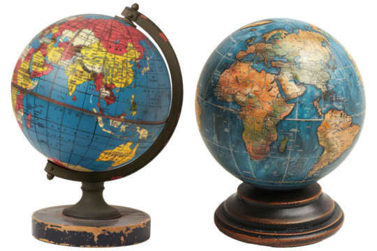 Set of Two Vintage Globes with Distressed Wooden Bases, Featuring Antique World Map Designs and Rustic, Worn Textures.