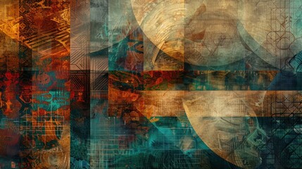 Fototapeta premium Abstract Background, a harmonious collage of mixed media with translucent layers, with intricate textures and overlapping patterns in rich tones