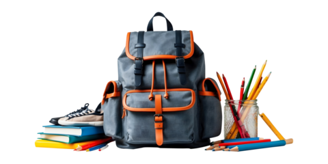 Student’s Essentials Backpack Isolated on a Transparent Background school supplies 
