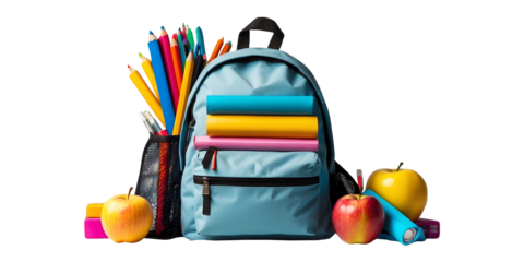 Ready for School Backpack Isolated on a Transparent Background colorful bag with school supplies