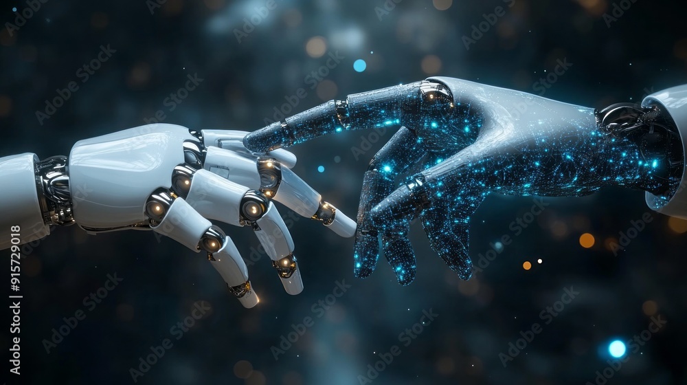 Poster two robotic hands are touching each other in a blue and white background