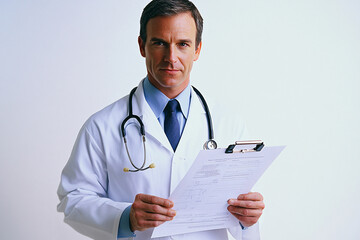 In a spotless, white environment, a male doctor holds a patient chart, projecting an image of reliability and professionalism. The clean background highlights the purity and cleanliness associated