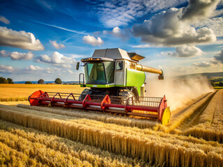 Obraz premium A green combine is in a field of wheat