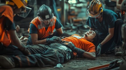 Emergency rescue workers perform first aid on an injured individual in a construction site accident during daylight hours