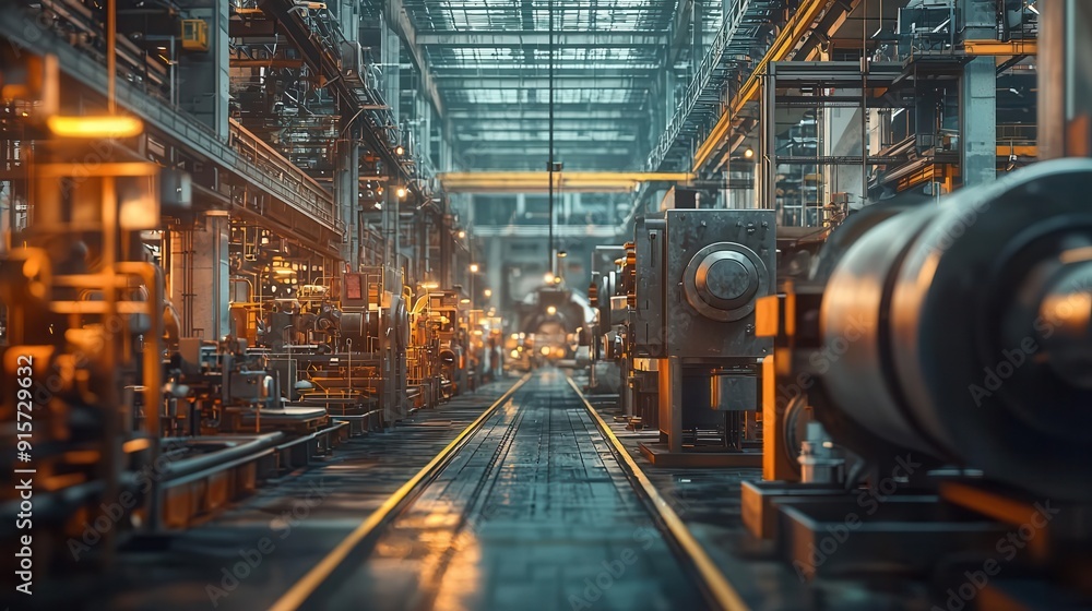 Poster a large industrial machine in action within a bustling factory