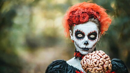 Zombie bride holding a brain bouquet Halloween wedding theme eerie setting