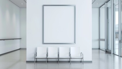 photo of a large white wall with a blank frame for a mockup in the style of modern hospital waiting room