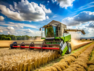 Obraz premium A green combine is in a field of wheat