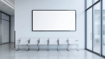 photo of a large white wall with a blank frame for a mockup in the style of modern hospital waiting room