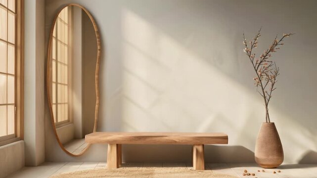 Organic shaped asymmetrical mirror with a wooden frame on the wall in front of the bench, wabi sabi interior design	
