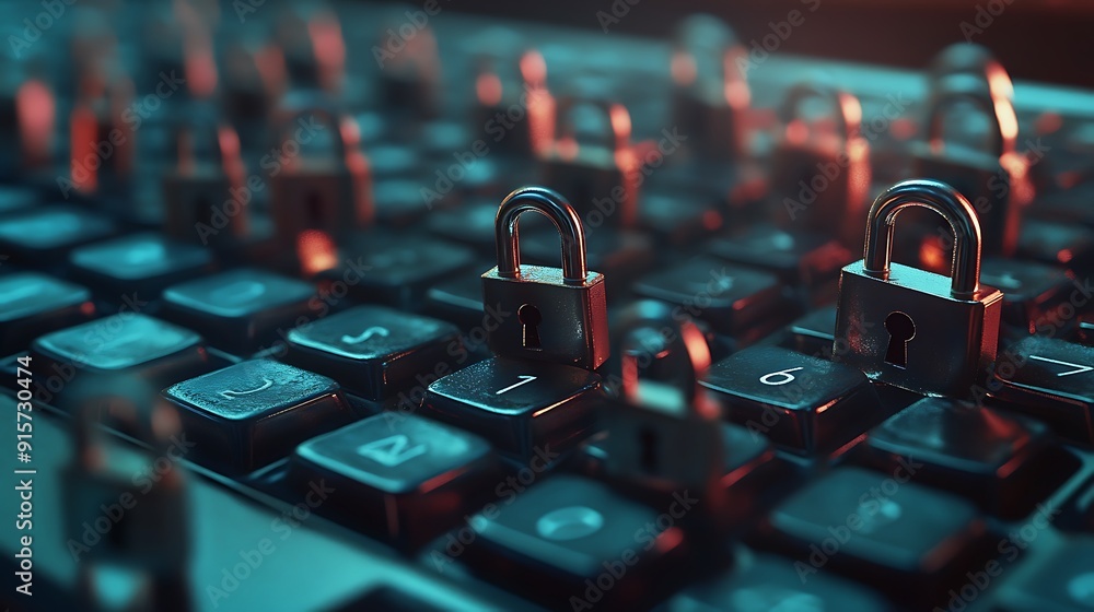 Aufkleber padlocks resting on a keyboard with a blue and red glow