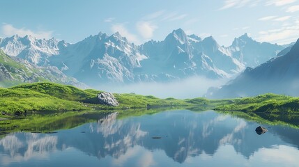 Fototapeta premium A serene mountain scene with a mirror-like lake reflecting the surrounding peaks.