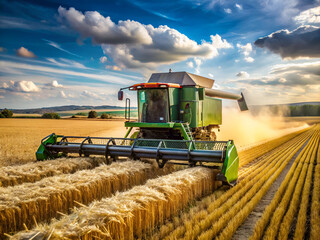 Fototapeta premium A green combine is in a field of wheat