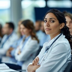 Fototapeta premium Female Doctor Leading Healthcare Conference for Medical Team in Board Room Setting
