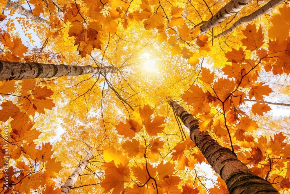 Aufkleber a view of the canopy from below, with leaves in various shades of yellow and orange, illuminated by 