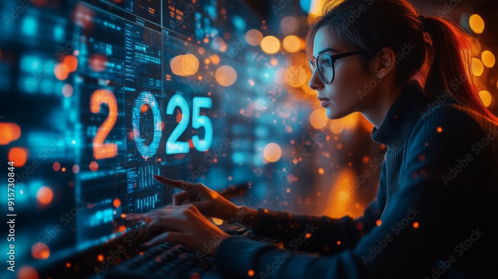 Aufkleber a woman is looking at a computer screen with the numbers 2025 on it