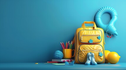 a yellow bag and school accessories on a blue backdrop