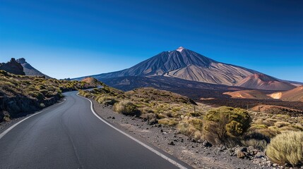 A winding mountain road leading to a distant peak under a clear blue sky.