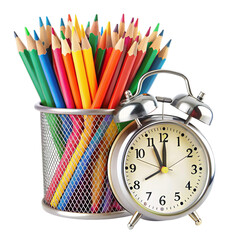 Back To School With Alarm Clock And Colorful Pencil Isolated On Transparent Background