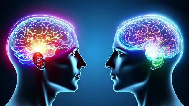 3D animation featuring two transparent human heads displaying vibrant brain activities. Bright, dynamic visual. Neural connections, cognitive processes. 4k, video, idea, neural, x-ray, smart,