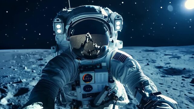 Astronaut recording a video for social media from his smartphone on the moon. journey, suit, standing, internet, commercial, science, realistic, one person, explore, 4k, video, astronomy, cosmos