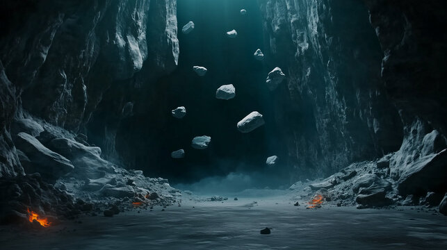 Epic dark fantasy cave with floating rocks and asteroid belt, set in a mysterious and cinematic atmosphere. The high-resolution, hyper-realistic scene captures the eerie beauty of the dark cave, featu