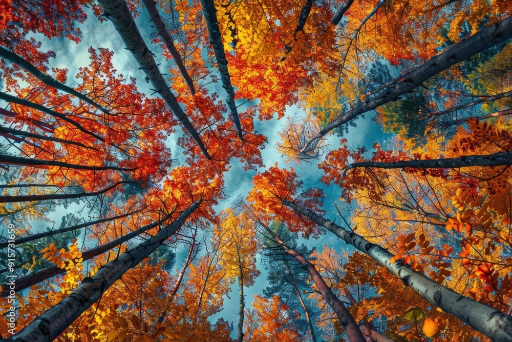 Poster an autumn forest canopy with leaves showing the fall colors generative ai
