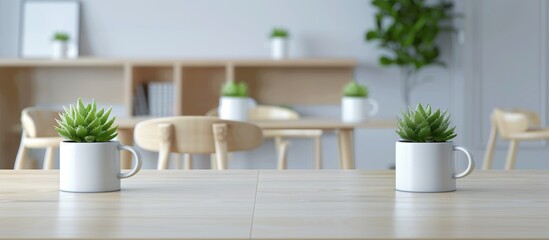 Fototapeta premium small cafe interior with light wood tables and chairs, soft white walls, a book shelf in the background
