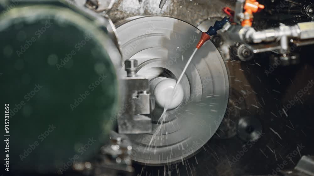 Poster high-speed cnc lathe machine carving a metal disc with precision. coolant spraying onto the rapidly 