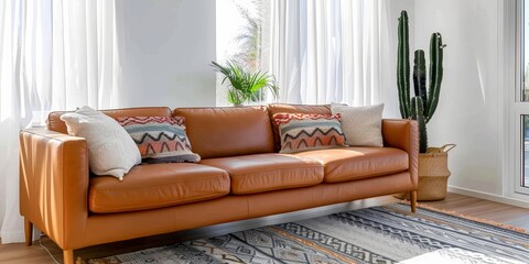 sofa in an elegant living room, complemented in the style of bohemian accents like colorful geometric patterns