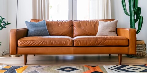 sofa in an elegant living room, complemented in the style of bohemian accents like colorful geometric patterns