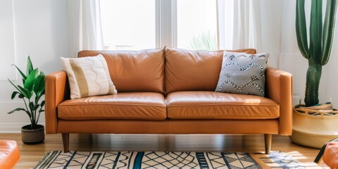 sofa in an elegant living room, complemented in the style of bohemian accents like colorful geometric patterns