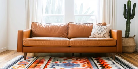 sofa in an elegant living room, complemented in the style of bohemian accents like colorful geometric patterns