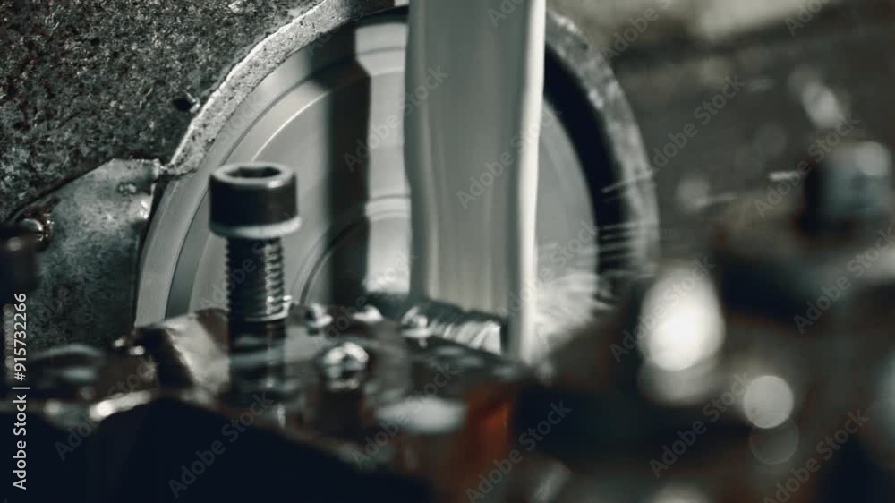 Poster close-up view of an industrial metal cutting process with a circular saw in action and cooling fluid