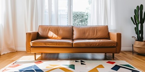 sofa in an elegant living room, complemented in the style of bohemian accents like colorful geometric patterns