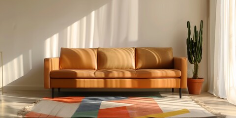 sofa in an elegant living room, complemented in the style of bohemian accents like colorful geometric patterns