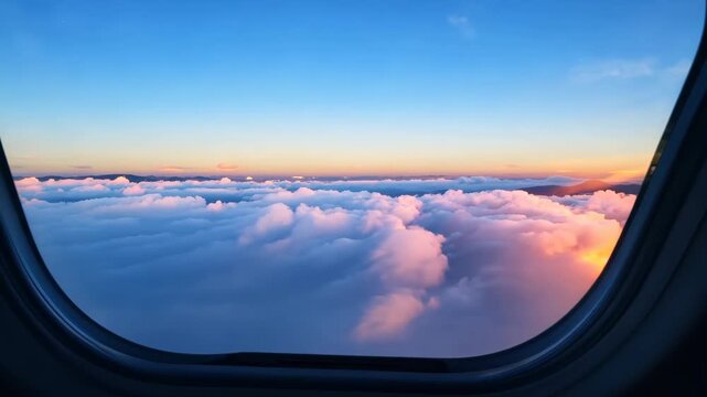 A Stunning Aerial View of Beautiful Clouds at Sunset from the Airplane Window Above. The breathtaking view of the sunset from an airplane window showcases stunning fluffy clouds in the sky