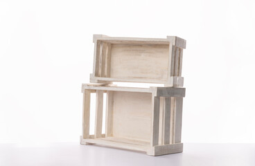 Empty storage boxes, White wooden cate boxes isolated on white background, Fruits and vegetable storage box