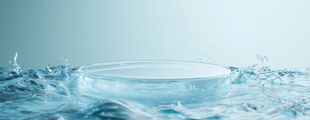 crystal clear water minimalistic mockup. Empty round podium on crystal clear water, copy space