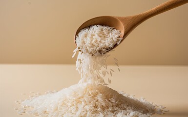 White Rice Spilling from a Wooden Spoon