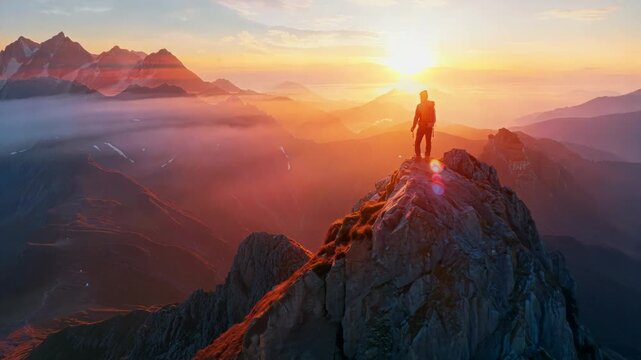 A lone hiker stands on a rocky mountain peak, overlooking vast mountains and a serene sunset sky. The scene emphasizes solitude, self-determination, and the tranquility of nature. climber, hiker, peak