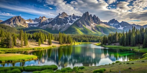Fototapeta premium Majestic Sawtooth Mountains rise above serene alpine lakes and verdant meadows in the scenic wilderness of central Idaho, north of Sun Valley.