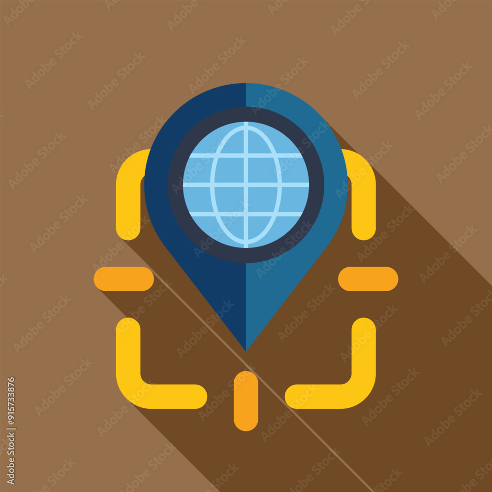 Poster blue map pin with globe inside is marking location on digital map