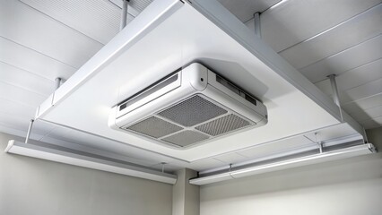 Modern air conditioning unit anchored to a white ceiling, with vents and pipes visible, against a plain background in a sleek, contemporary setting.
