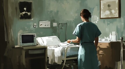 Naklejka premium Woman in Blue Scrubs Standing in Hospital Room