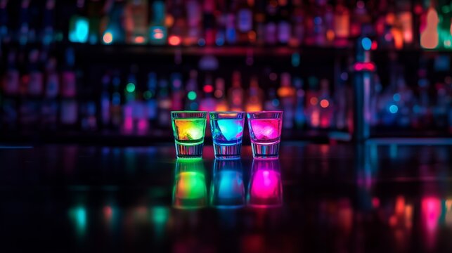 Three colorful neon shots on a bar counter at a nightclub showcasing alcohol benerages made with creative mixology for enjoying fun nightlife and delicious drinks